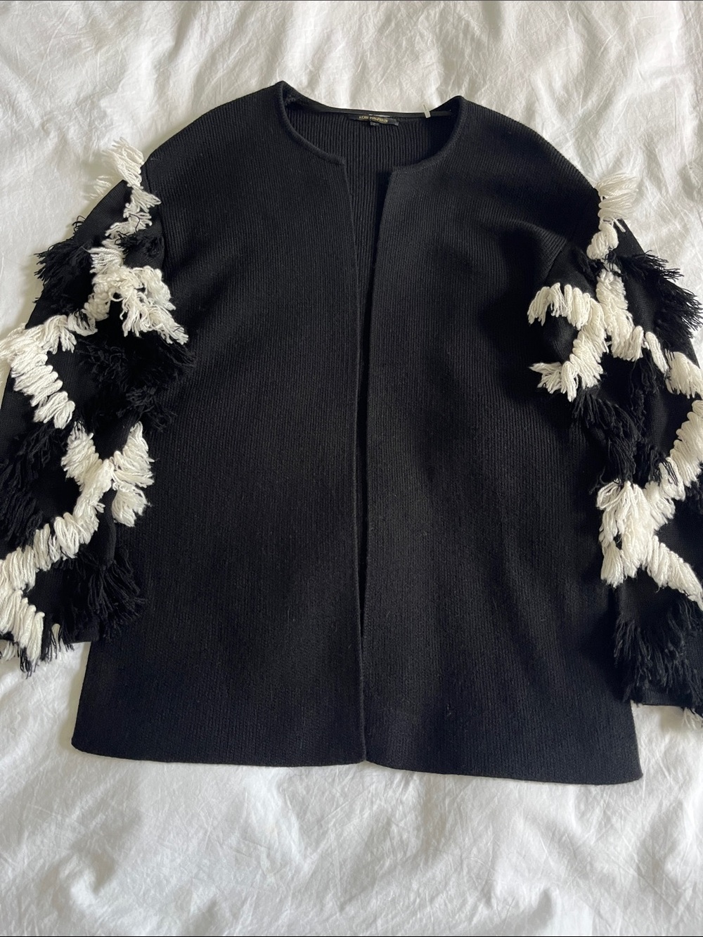 Kobi Halperin Black Wool Open Front Cardigan Fringe Sleeves size small